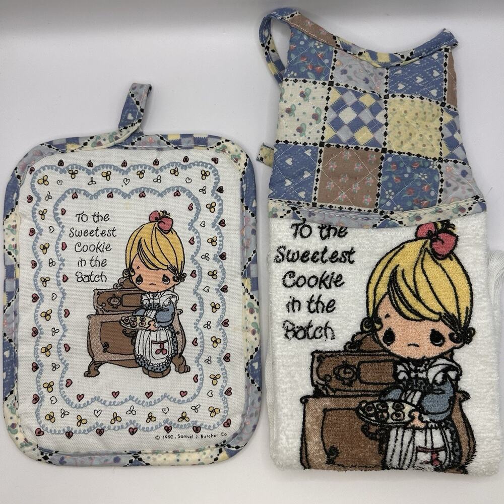 Vtg Precious Moments Kitchen Hand Towel Pot Holder Hot Pad Sweetest Cookie READ